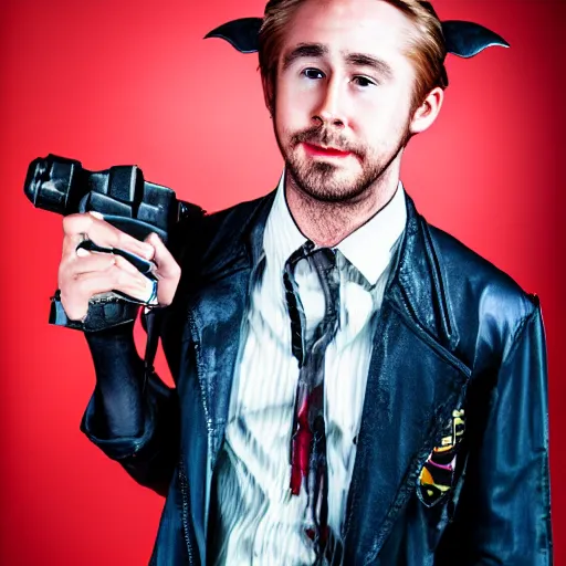 Image similar to a goblin dressed as Ryan Gosling from the movie Drive, dramatic studio photography