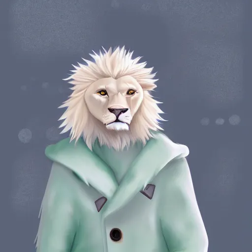 Prompt: aesthetic portrait commission of an albino male furry anthro lion wearing a cute mint colored, cozy, soft pastel winter outfit. winter atmosphere character design by dan volbert.