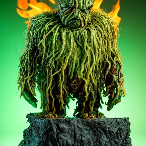 Prompt: funko pop doll of a terrifying lovecraftian giant mechanized melting swamp thing on fire taken in a light box with studio lighting, high detail, some background blur