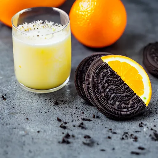 Prompt: oreo in a glass of orange juice, professional food photography