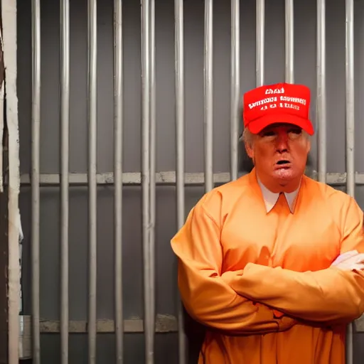 Prompt: donald trump in a prison cell wearing prison jumpsuit, photography, 4k