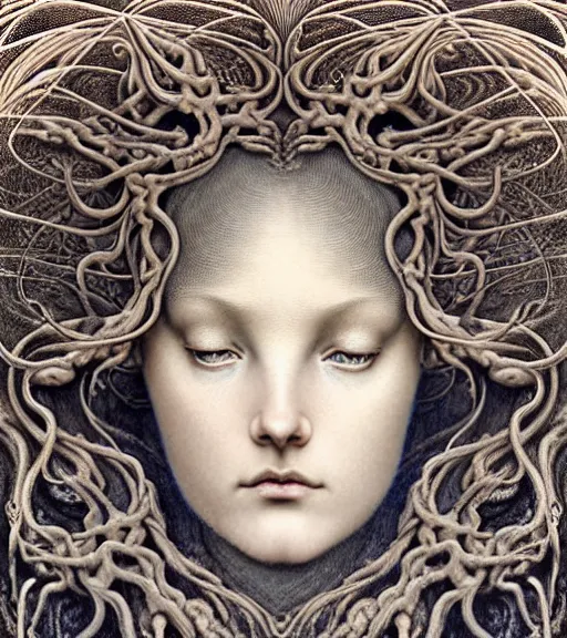 Image similar to detailed realistic beautiful storm goddess face portrait by jean delville, gustave dore, iris van herpen and marco mazzoni, art forms of nature by ernst haeckel, art nouveau, symbolist, visionary, gothic, neo - gothic, pre - raphaelite, fractal lace, intricate alien botanicals, ai biodiversity, surreality, hyperdetailed ultrasharp octane render