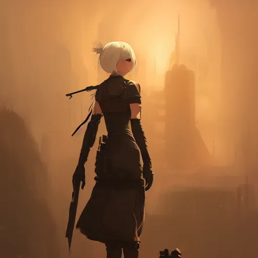 Image similar to a portrait of 2 b nier automata, post apocalyptic earth in the background as seen by greg rutkowski, dark theme, enchanted, warm colors, high quality, waw, trending on artstation