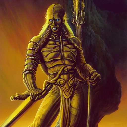 Image similar to ( ( ( half length portrait of yellow - skinned alien githyanki warrior holding a magical silver sword, in the astral plane ) ) ), d & d, fantasy, medieval, greg rutkowski, frank frazetta, alexandre chaudret, boris vallejo, michael whelan, miro petrov, hr giger, magali villeneuve, donato giancola