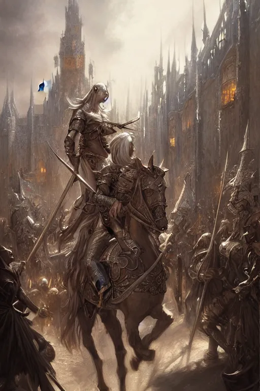 Image similar to medieval parade of knights, holiday, by wlop, by luis royo, by peter mohrbacher, concept art, digital illustration, intricate, masterpiece, elegant, super detailed, unreal engine rendering, smooth, sharp focus, artstation hq