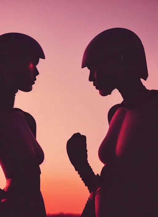 Image similar to cinestill 5 0 d photographic portrait of two loving female androids wearing rugged black mesh cutout waist techwear on a desolate plain with a red sky, extreme closeup, modern cyberpunk, dust storm, 8 k, hd, high resolution, 3 5 mm, f / 3 2, ultra realistic faces, ex machina, blade runner