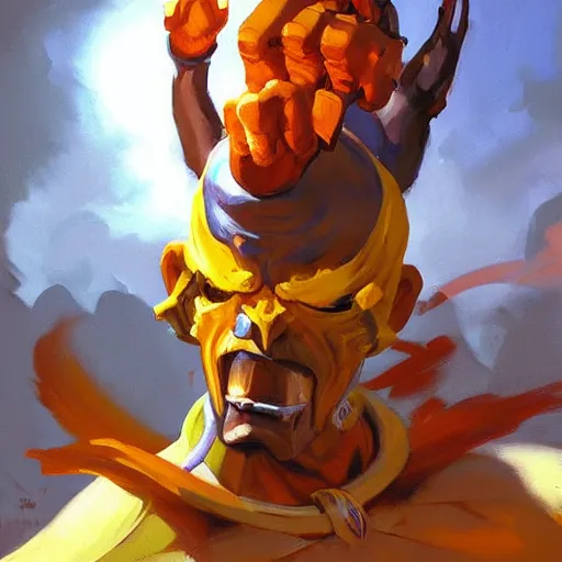 Prompt: greg manchess portrait painting of partially armored dhalsim from street fighter spitting fire as overwatch character, medium shot, asymmetrical, profile picture, organic painting, sunny day, matte painting, bold shapes, hard edges, street art, trending on artstation, by huang guangjian and gil elvgren and gerald brom