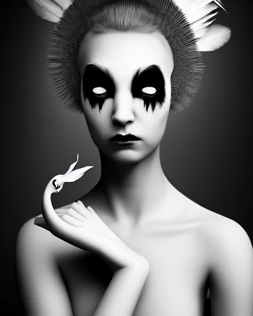 Prompt: surreal mythical dreamy dark artistic black and white fine art 3 / 4 portrait photo of a young delicate mutant female - cyborg - vegetal - orchid - bird with long pale feather hair, rim light, cinematic, studio dramatic light, poetic, octane render, 8 k, photo - realistic