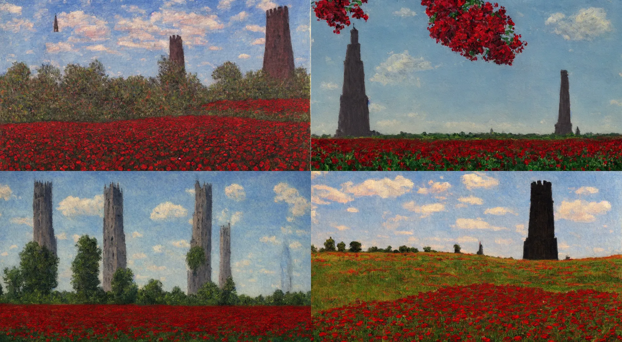 Prompt: An impressionist painting of a tall, dark, stone tower standing in the middle of a field filled with red roses