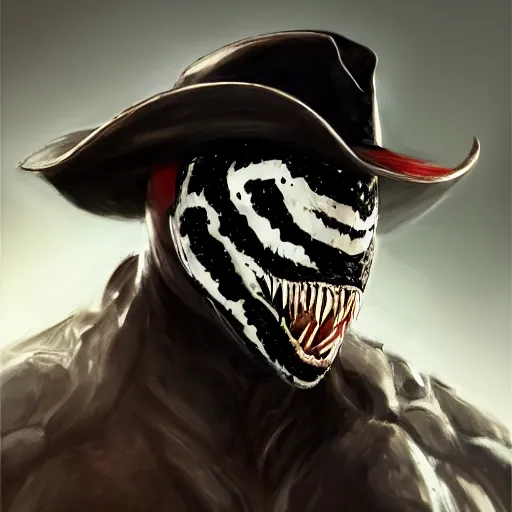 Prompt: a portrait of venom with a cowboy hat on with an American flag scarf, D&D, sci-fi, elegant, hopeful, muscular, highly detailed, digital painting, artstation, concept art, smooth, sharp focus, illustration