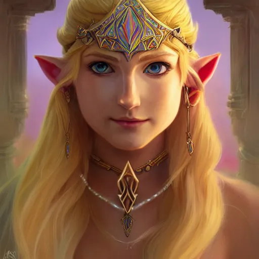 Image similar to portrait of princess zelda from hyrule, nose ring, upper body, blonde hair, long hair, joyful smirk, intricate, elegant, highly detailed, digital painting, artstation, concept art, matte, sharp focus, illustration, art by artgerm and greg rutkowski and alphonse mucha