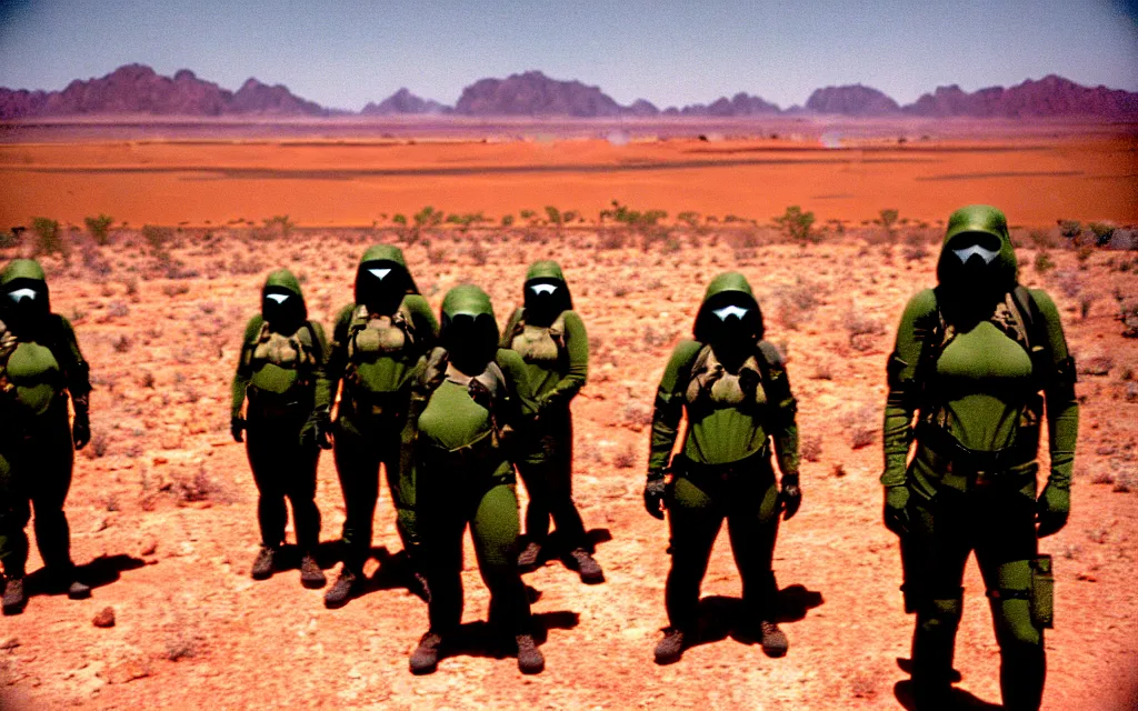 Image similar to a team of five people in dark green tactical gear like death stranding and masks, red mesas behind them, look at a desert oasis in the distance. They 're afraid. dusty, red, mid day, heat shimmering, 35mm film