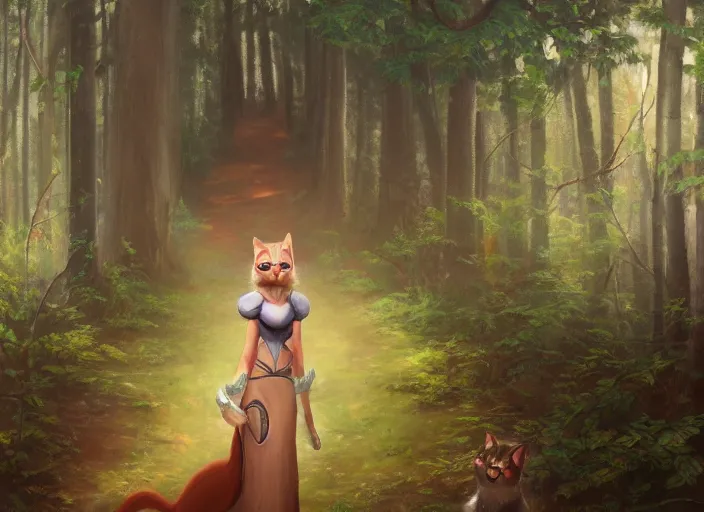 Prompt: stunningly beautiful female anthropomorphic cat character in a painting of a path leading to a mystical forest full of wonders, pine trees, magical atmosphere, trending on artstation, 30mm, by Noah Bradley trending on ArtStation, deviantart, SFW version, high detail, stylized portrait H 704