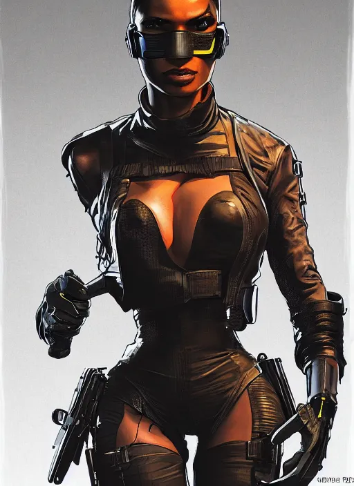 Prompt: selina igwe. cyberpunk mercenary in tactical harness and jumpsuit. dystopian. portrait by stonehouse and mœbius and will eisner and gil elvgren and pixar. realistic proportions. cyberpunk 2 0 7 7, apex, blade runner 2 0 4 9 concept art. cel shading. attractive face. thick lines. moody industrial landscape.