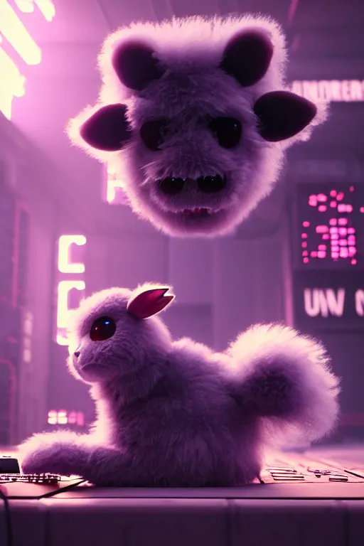 Image similar to high quality 3 d render very cute neuromancer fluffy! mutant cow playing! keyboard!!, highly detailed, unreal engine cinematic smooth, in the style of blade runner & detective pikachu, hannah yata charlie immer, moody light, low angle, uhd 8 k, sharp focus