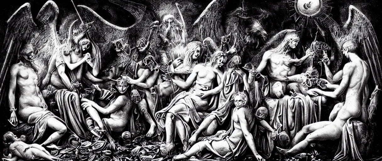 Image similar to the birth of civilization out of the luciferian spirit of distributed cognition, secret illuminati cabal, highly detailed, occult alchemy, dark surrealism