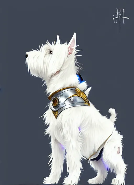 Image similar to a west highland white terrier, anime art style, wearing futuristic, led - lit armor, and a cannon mounted on his back, portrait, high detail, sharp focus, digital painting, artstation, concept art, art by hayao miyazaki and artgerm and greg rutkowski and alphonse mucha.