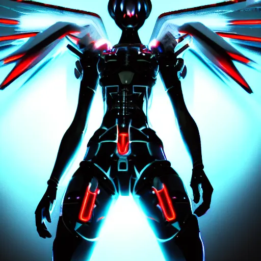 Image similar to gothic retropunk cyberspace evangelion angel invaders dramatic dark background k path traced high definition detailed artstation realistic trending dramatic lighting high contrast