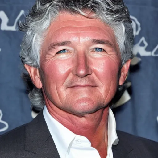 Prompt: patrick duffy shoulder length grey hair wearing a white shirt