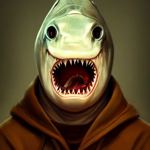 Image similar to portrait of anthropomorphic shark , casual clothes , horror , backlight, ,highly detailed, digital painting, artstation, concept art, matte, sharp focus, illustration, art by Artgerm and Greg Rutkowski