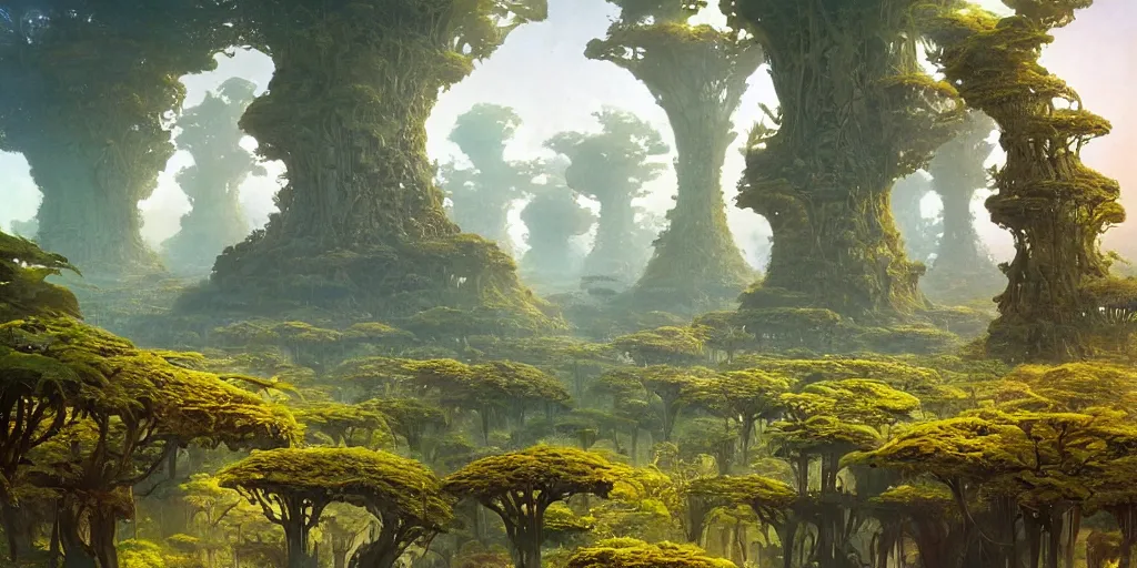 Image similar to botanical, extraterrestrial trees with fractal fruits, morning, quiet planet, teratology, land, roger dean, john berkey, james gurney, greg rutkowski, artstation