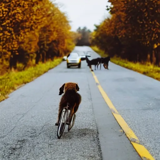 Prompt: a dog riding a bicycle on the road