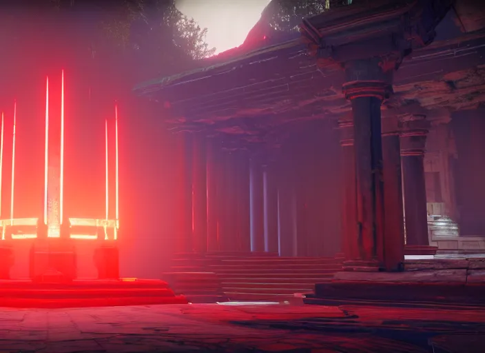 Image similar to ancient temple of worship with red shafts of light in destiny 2, foggy, liminal, dark, dystopian, beautiful architecture, abandoned, highly detailed 4 k 6 0 fps in - game destiny 2 gameplay screenshot leak