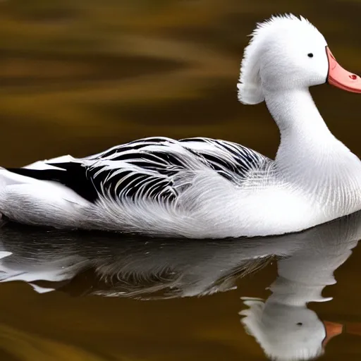 Image similar to a white crested duck in a pond at a part, realistic