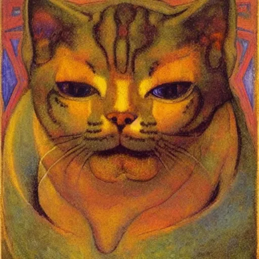 Prompt: painting of cloisonne cat head, by annie swynnerton and diego rivera and nicholas roerich and jean delville, symbolist, dramatic lighting, god rays, art brut, rich colors, smooth, sharp focus, extremely detailed, adolf wolfli and ( donato giancola )