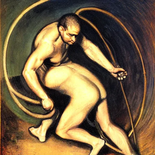 Image similar to a painting of benjamin netanyahu as sisyphus, by franz stuck