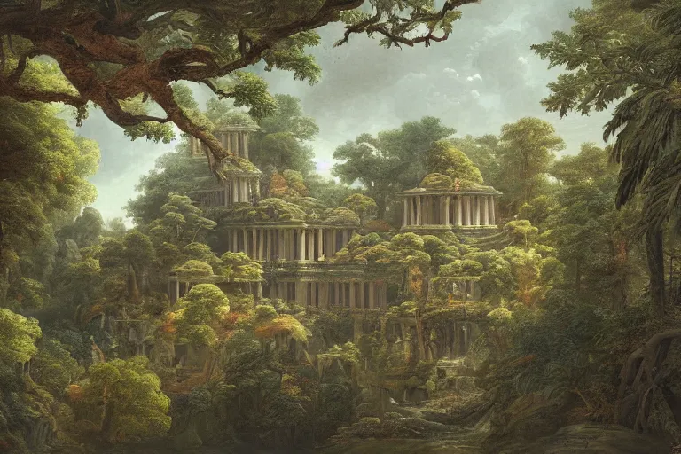 Image similar to an overgrown forest temple, by asher brown durand, bird's eye view, trending on artstation