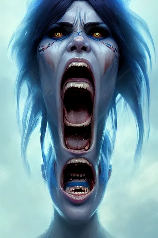 Image similar to portrait of a screaming celtic berserker woman with blue warpaint, medium shot, portrait, concept art, natural lighting, illustration, full color, highly detailed, photorealistic, by greg rutkowski and artgerm, artstation,