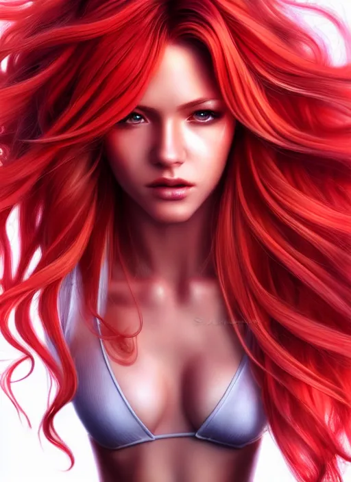 Image similar to photo of a gorgeous blondeand red ombre hair female in the style of stefan kostic, realistic, half body shot, sharp focus, 8 k high definition, insanely detailed, intricate, elegant, art by stanley lau and artgerm, cyberpunk city backgeound