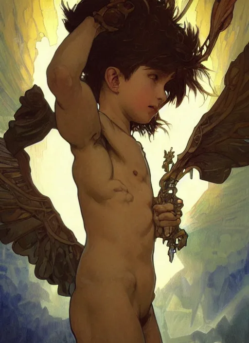 Image similar to digital character concept art by artgerm and greg rutkowski and alphonse mucha. portrait of a young 1 3 year old boy, a young god, icarus with mechanical bird wings, beautiful, holding a staff, detailed, poster art, light effect, glowing, hyper detail, intricate, elegant, digital painting, artstation, smooth, sharp focus