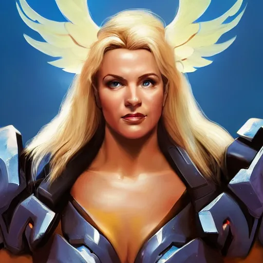 Image similar to a screenshot of arnold schwarzenegger as mercy in overwatch, angel wings, halo, portrait, fantasy, beautiful face, vivid colors, elegant, concept art, sharp focus, digital art, hyper - realistic, 4 k, unreal engine, highly detailed, hd, dramatic lighting by brom, trending on artstation