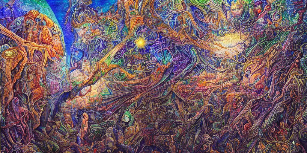 Image similar to 🌲🌌, acrylic on canvas, realism movement, breathtaking detailed, by android jones, alex grey, chris dyer, and aaron brooks, photorealistic