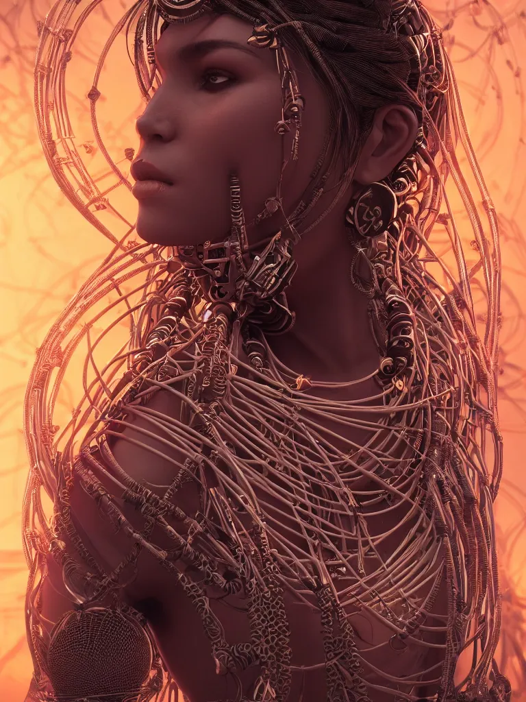 Prompt: a centered render of an alluring mystical tribal goddess adorned with cables and synthesizer parts is surrounded by sacred geometry, full body, gorgeous face, perfect face, powerful, cinematic, beautifully lit, by artgerm, 3 d, trending on artstation, octane render, 8 k