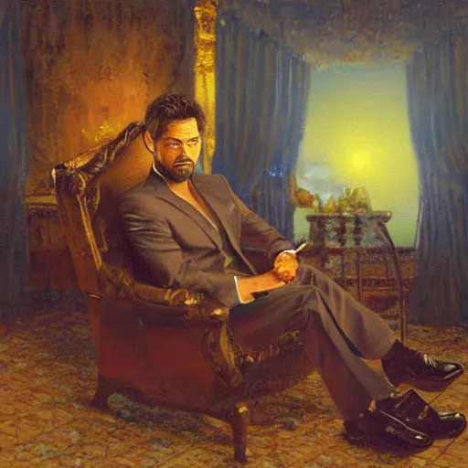 Prompt: oil painting of tony stark with cheekbones, sitting in an armchair in a room with the setting sun, by thomas kinkade, rembrandt, golden hour