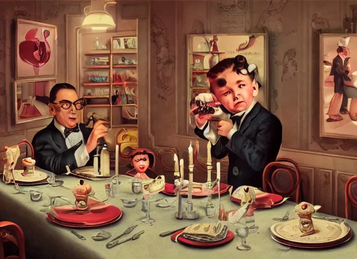 Image similar to inside 1 9 5 0 s dinner, lowbrow, matte painting, 3 - d highly detailed, in the style of mark ryden,