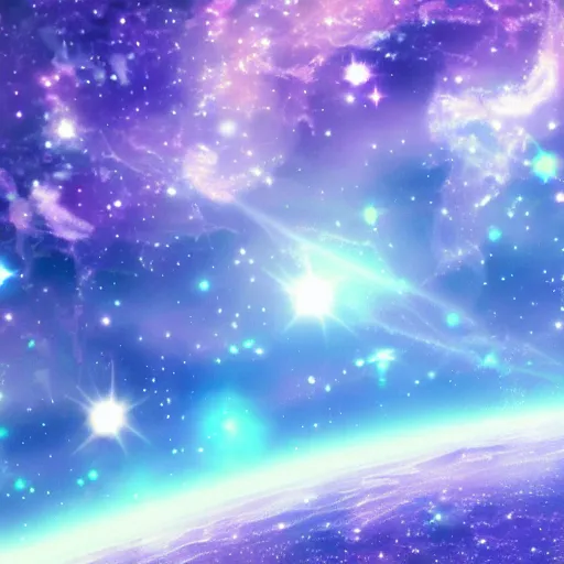 Image similar to anime style hd wallpaper of outer space horizon, glittering stars scattered about, lilac colors