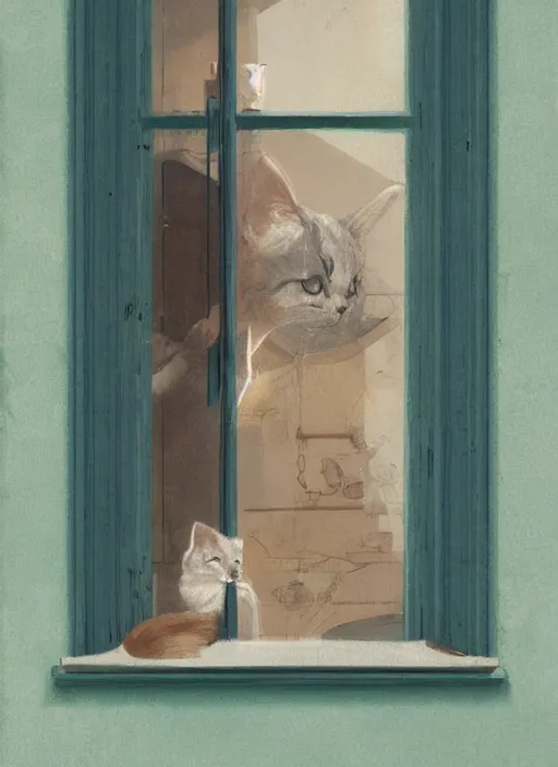 Image similar to cute cat sitting straigh in window of motel room, illustrated by james warhola and greg rutkowski