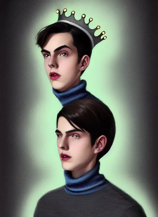 Image similar to portrait of teenage jughead jones wearing a light grey crown, crown, blue turtleneck, 1 9 5 0 s, closed eyes, photorealistic, black hair, glowing lighting, intricate, elegant, glowing lights, highly detailed, digital painting, artstation, concept art, smooth, sharp focus, illustration, art by wlop, mars ravelo and greg rutkowski