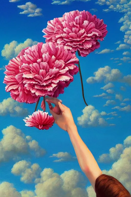 Image similar to closeup, giant carnation flower head, woman falling, surreal, clouds in sky, impressionist painting, digital painting, artstation, rob gonsalves