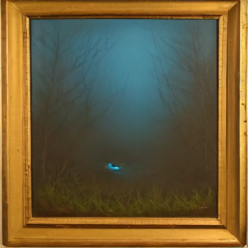 Prompt: will o'the wisp over a foggy swamp at twilight, very textured, highly detailed, oil painting