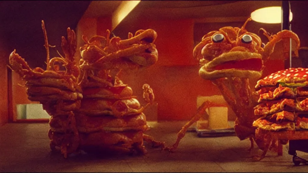 Image similar to the strange pizza creature at the fast food place, film still from the movie directed by denis villeneuve and david cronenberg with art direction by salvador dali and zdzisław beksinski, wide lens