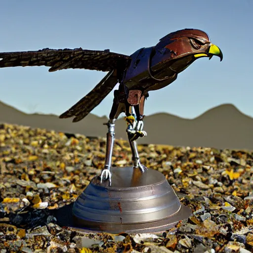 Image similar to A hawk model built from scrap metal, standing on asphalt, detailed close up photograph