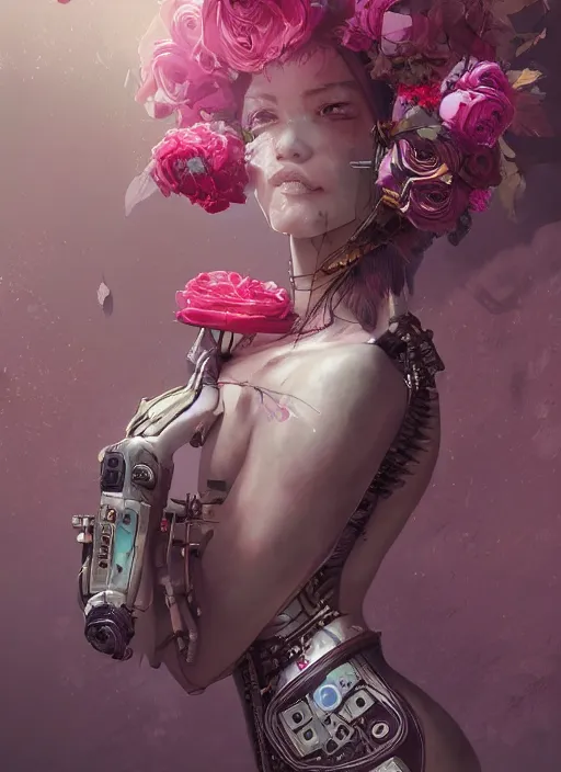 Image similar to portrait of a seductive female with flowers, cyberpunk cyborg. roses, muted colors, sci fi, intricate abstract upper body intricate artwork, by tooth wu, wlop, beeple, dan mumford. concept art, octane render, deviantart, greg rutkowski, cinematic arthouse, key art, hyper realism