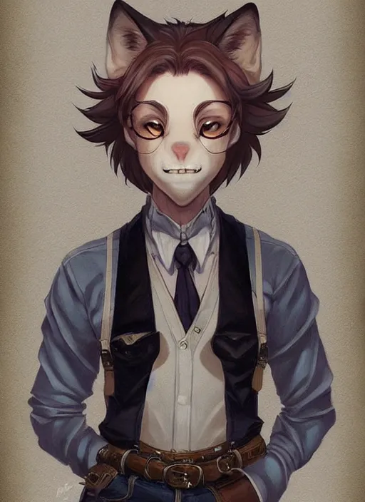 Image similar to beautiful portrait commission of a male furry anthro wolf wearing a white dress shirt with suspenders in an old-timey Saloon. Atmospheric. Character design by charlie bowater, ross tran, artgerm, and makoto shinkai, detailed, inked, western comic book art