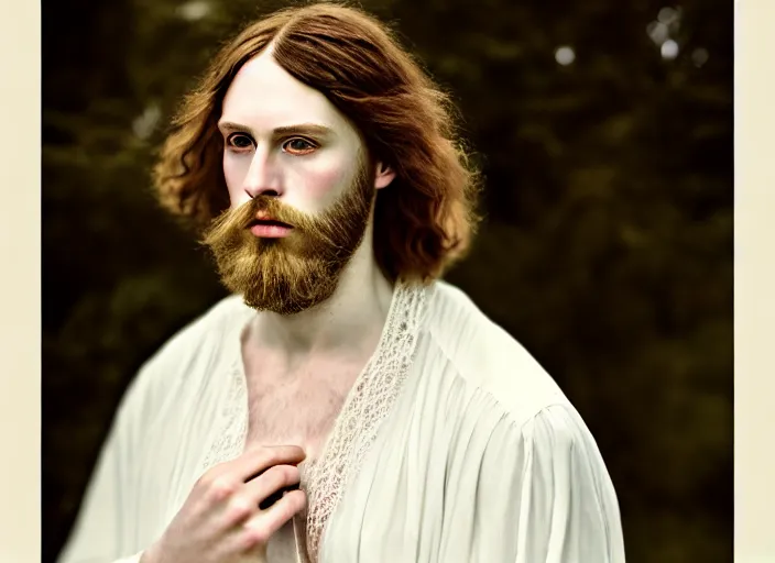 Prompt: portrait photography of a beautiful man how pre-Raphaelites beauty type in style of Nicolas False, britt marling style 3/4 , he has a short beard, golden blond hair, beautiful ethereal lace white robes, 8K, soft light, volumetric lighting, highly detailed Realistic, Refined, Highly Detailed, natural outdoor soft pastel lighting colors scheme, outdoor fine art photography
