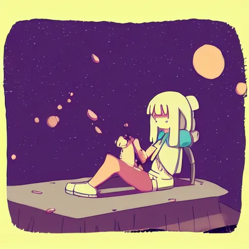 Prompt: relaxing in space in the style of lo-fi girl, anime, adventure time,